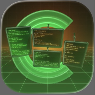 Draft app icon for Cyberdeck: floating green terminal panes over a synthwave grid