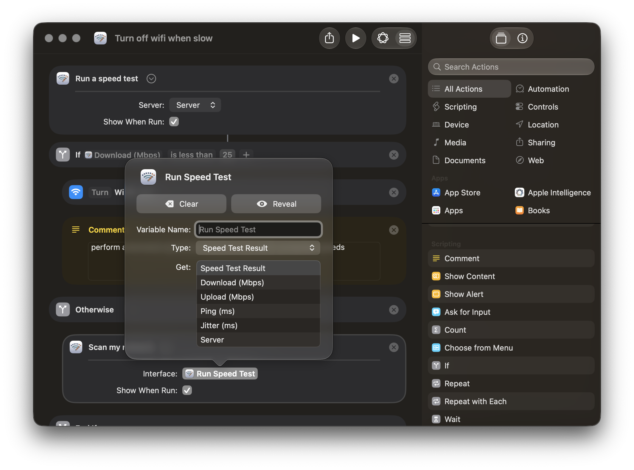 WiFiMaster's actions in the macOS Shortcuts editor