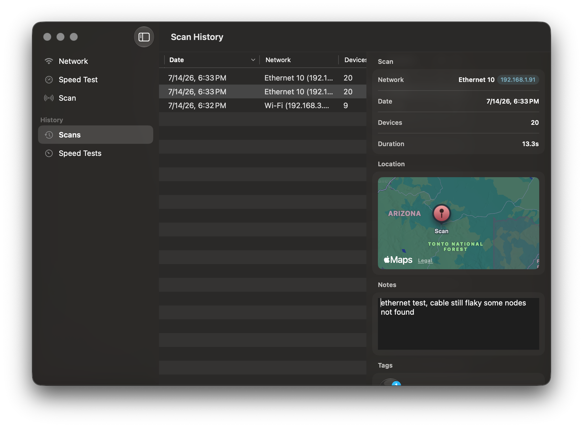 Speed test history in the native Mac app